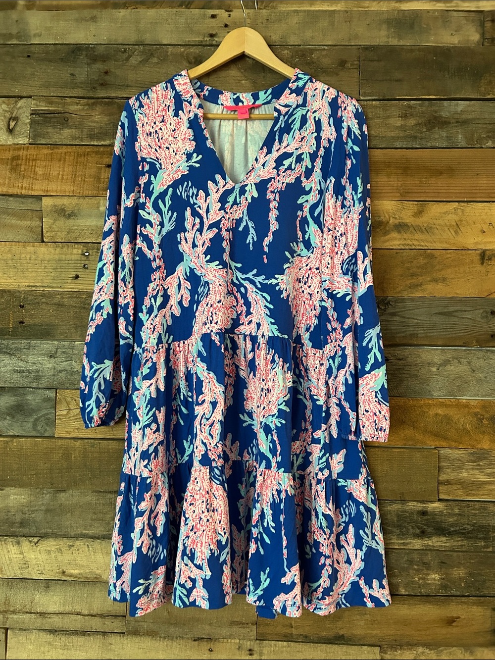 Lilly Pulitzer Navy Blue Long-Sleeve Coral Print Tiered Dress